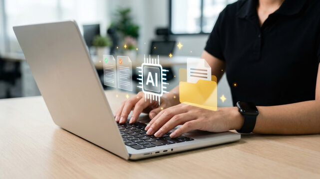 Business woman laptop ai office workspace summary typing technology. Summary AI, intelligence report management, document information innovation system analysis, automation, data, summarize