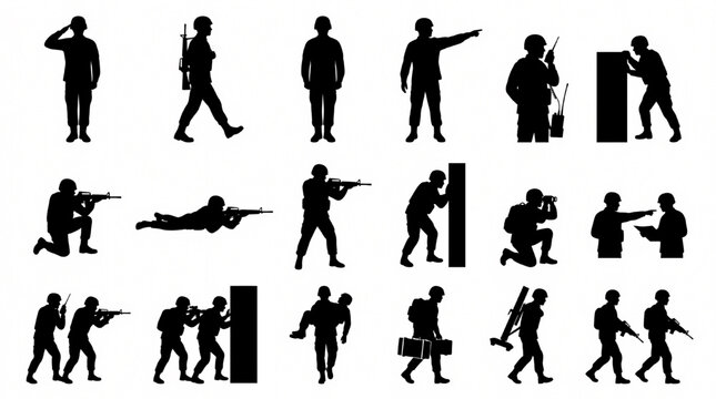 Professional Military Soldier Silhouette Collection with Tactical Combat Action Poses Isolated Vector Set