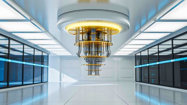 Advanced quantum computer system installed in modern futuristic laboratory interior with clean architecture