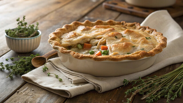 Chicken and vegetable pot pie in wide rustic dish on farmhouse table, golden crust, steam rising, scattered herbs and tied thyme bundle