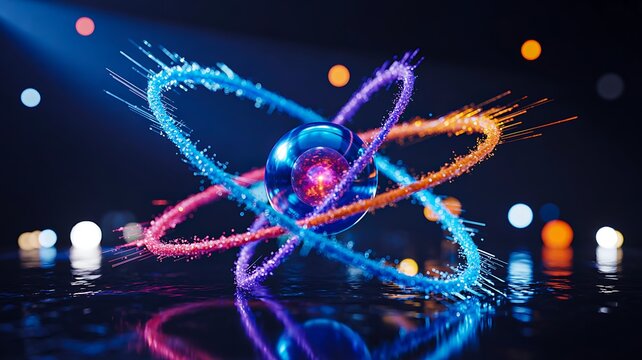 Futuristic glowing atom model with neon particles and quantum science concept illustration