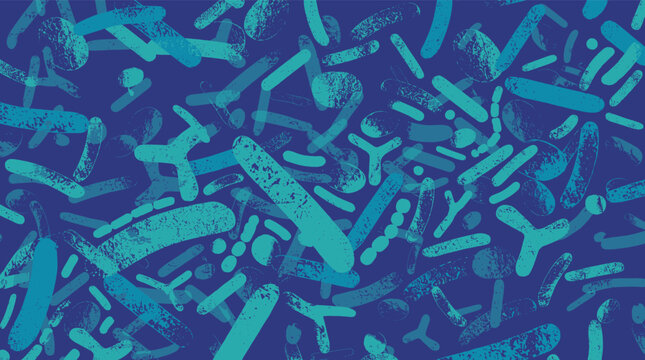 A dense scientific illustration of teal bacteria and antibody shapes scattered across a deep blue background representing microbiology and immunity