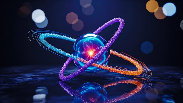 Futuristic glowing atom model with neon particles and quantum science concept illustration
