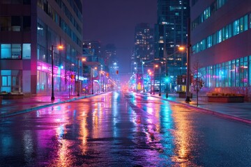 Obraz premium night city with neon reflections wet street cyberpunk mood raw photography