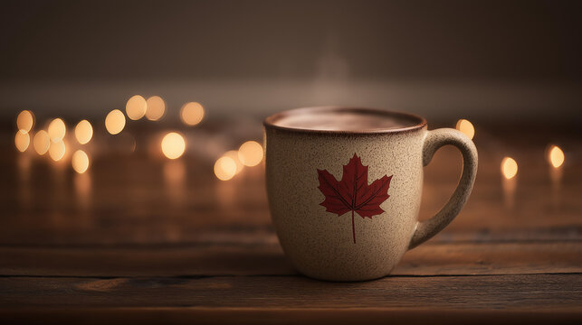 string. Ceramic mug with hot chocolate and maple leaf design on wooden table. representing seasonal cycles and harvest abundance, bar promotions, designed for product packaging and bar promotions.