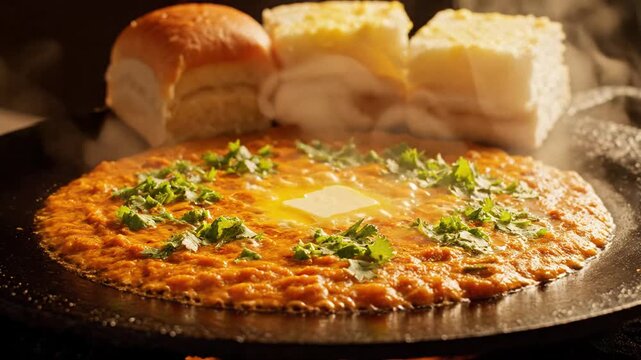 Steaming pav bhaji with melting butter and soft buns on a tawa, captured in warm cinematic light.