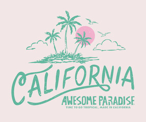 Fototapeta premium California awesome paradise. California surf club. Awesome paradise sketch. Tropical beach vibes design.