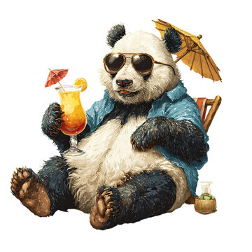 Funny Panda Relaxing on Beach Drinking Cocktail Isolated