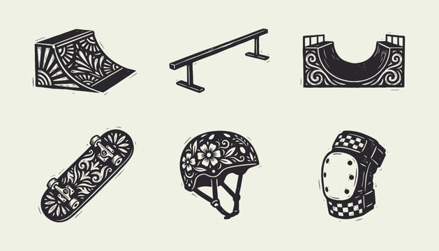 Vintage linocut style skateboarding equipment set including skateboard, helmet, ramps, rail, and protective gear