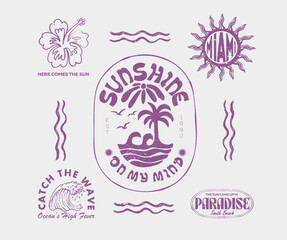 Fototapeta premium Miami beach artwork. Sunshine vibes design. Soul full of sunshine. Palm beach vibes artwork. Summer good vibes vector graphic design for apparel, stickers, posters, background and others. Tropical flo