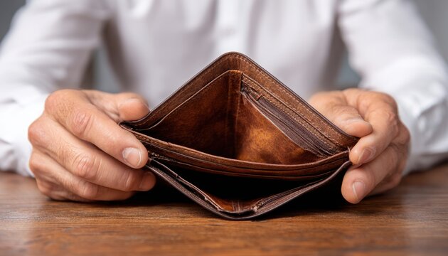 Businessman holding empty wallet opened with both hands over a wooden surface, concept of financial difficulties or lack of funds
