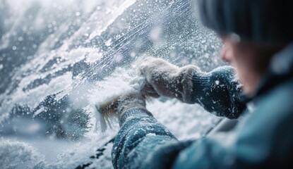 Obraz premium Person wearing gloves and a hat brushes snow from a frosty windshield