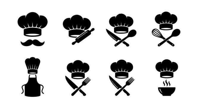 Chef Hat Icons, Culinary Symbols Set: Professional Kitchen Tools, Restaurant Graphics, Food Service Vector Collection
