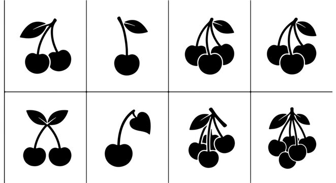 Set of 8 Black Cherry Icons, Simple Fruit Vector Graphics, Fresh Produce Symbols, Healthy Food Illustrations, Sweet Berry Icons for Design