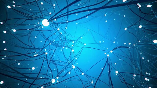 Abstract organic network with glowing spheres and complex branching connections moves dynamically on a vibrant blue background, creating a futuristic and interconnected visual experience.