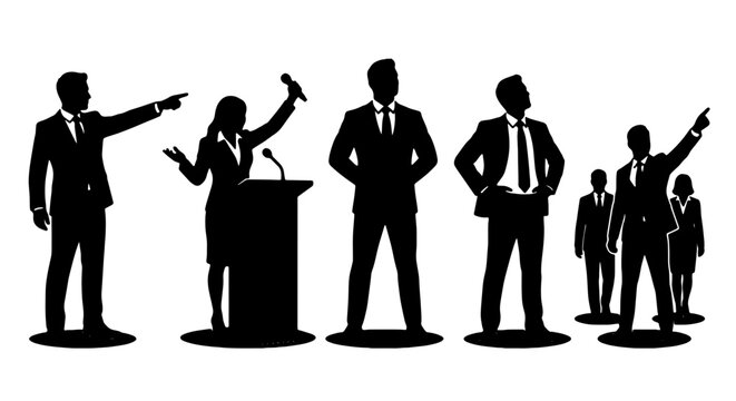 Silhouette Business Leaders, Diverse Team, Public Speaking, Leadership, Teamwork, Corporate Meeting, Vector Icons