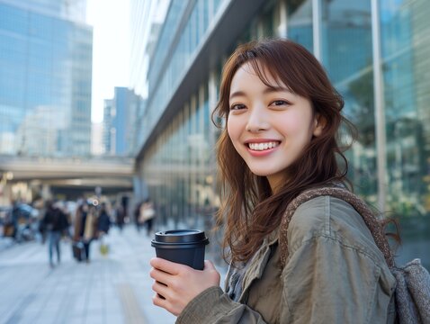都会のオフィス街をバックにコーヒーカップを手に持ち笑顔でこちらを見つめる茶髪の女性