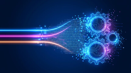 Fototapeta premium Futuristic technology background featuring glowing digital gears and binary data streams representing artificial intelligence and automated processing