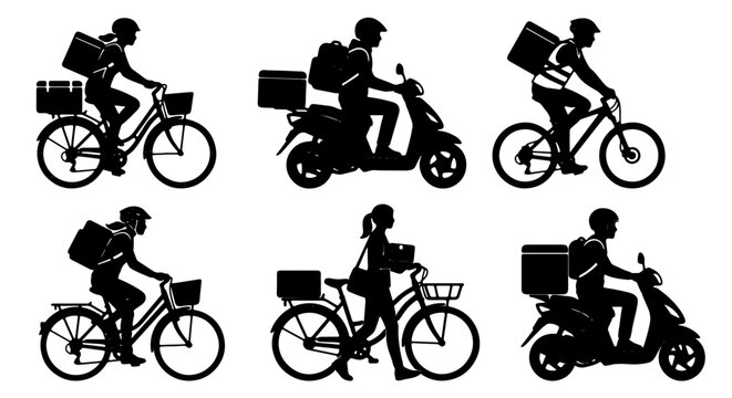 Delivery Service Icons: Cyclists and Scooters, Silhouette Set for Logistics and Courier Work, 6 Vector Graphics