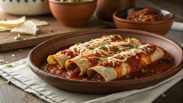 Horizontal Mexican enchiladas on wide rustic clay plate with chili sauce, melted cheese, rolled tortillas and micro-herb accents