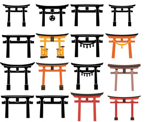 Collection of Torii gate icons in various styles and colors, isolated on transparent background © Feroz Qazi