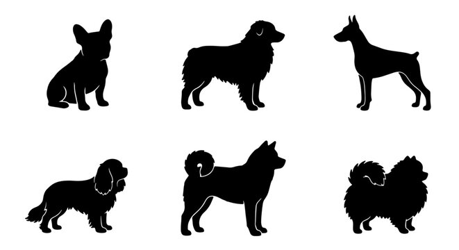 Premium Six Black Dog Silhouettes Vector Set: French Bulldog, Australian Shepherd, Doberman, Cocker Spaniel, Akita, Pomeranian, Canine Breed Icons for Pet Lovers, Animal Graphics