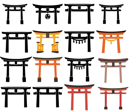 Collection of Torii gate icons in various styles and colors, isolated on transparent background