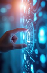 Fototapeta premium Hand touches digital screen with glowing icons. Futuristic interface shows data, network, security symbols. Future tech, AI, cyber system concept for business.
