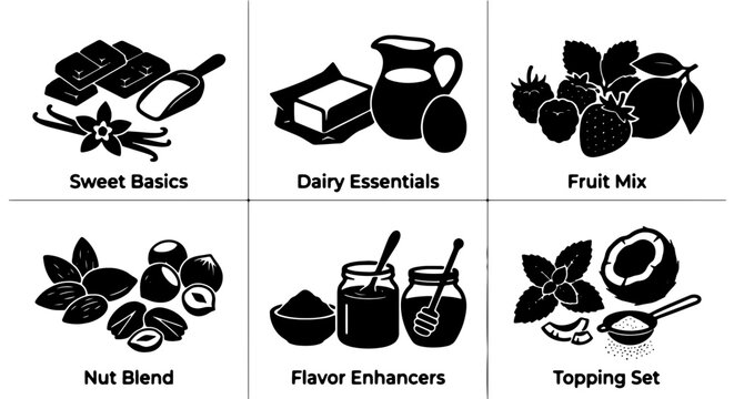 Premium Baking Ingredients Icons Set, Sweet Basics, Dairy Essentials, Fruit Mix, Nut Blend, Flavor Enhancers, Topping Set, Vector Graphics for Culinary Concepts