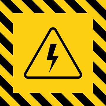 High voltage yellow triangle warning sign, lightning bolt arrow symbol. Caution electric shock danger icon. Electrical shock hazard sign. Vector illustration.
