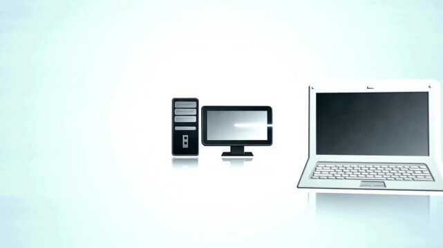 Seamless animation of modern computing devices connecting, showcasing data exchange, cloud computing, global network infrastructure, and digital communication.