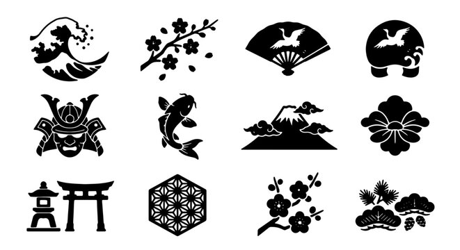 Japanese Icons Vector Set: Samurai, Koi Fish, Wave, Cherry Blossom, Mount Fuji, Torii Gate, Crane Fan, Traditional Patterns