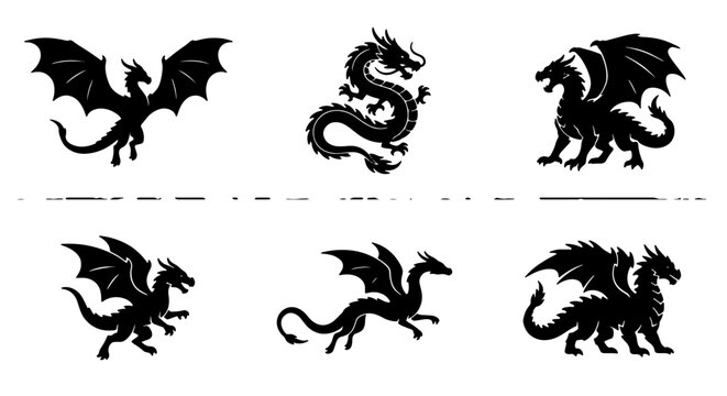 Mythical Dragon Silhouettes Collection, Fantasy Creature Vector Icons, Ancient Legend Beast Graphics, Black and White Folklore Art