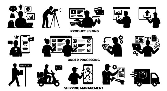 E-commerce Workflow Icons: Product Listing, Order Processing, Shipping Management, Digital Assets, Online Shopping, Delivery Logistics, Business Operations