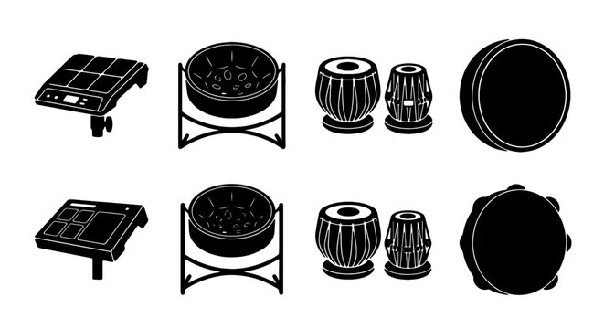 Percussion Instruments Collection, Drum Set Icons, Musical Equipment Graphics, Rhythm and Beat Vector Elements