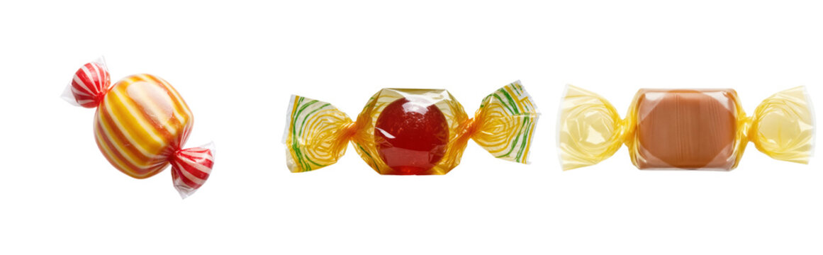 Three wrapped candies: a striped hard candy, a red round candy, and a caramel candy, isolated on transparent background.