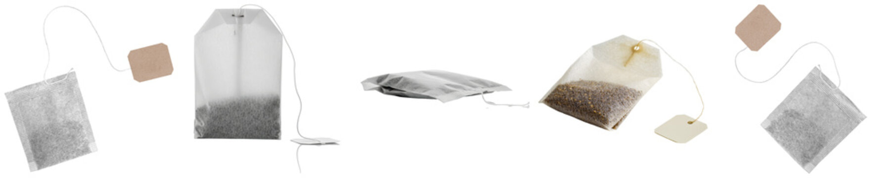 Collection of various tea bags with strings and tags, isolated on transparent background