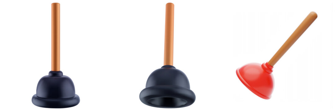 Three plungers with wooden handles, isolated on transparent background