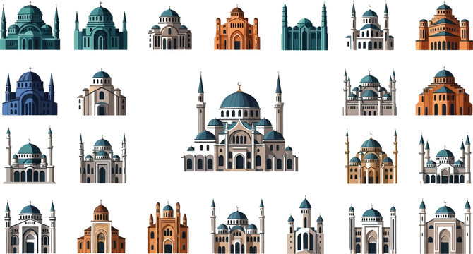Colorful mosque icons set with domes and minarets Vector