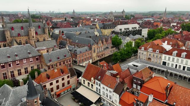 Aerial View of St Walburga Church and Medieval Rooftops in Bruges Belgium