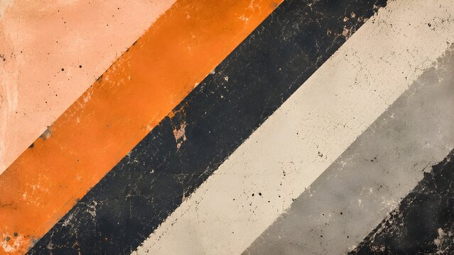 Abstract diagonal stripes in varying shades of orange, dark blue, light gray, and black hues, creating a modern and dynamic textured surface design with a rustic appeal