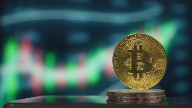 A physical Bitcoin coin displayed against a blurry cryptocurrency chart background, illustrating digital currency, market volatility, and virtual investment trends.