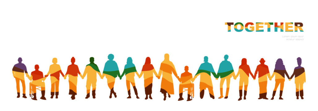 People standing together and holding hands. Modern colorful design.