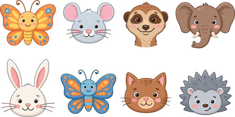 Obraz premium Cute Animal Face Cartoon Icon Set Featuring Butterfly Mouse Sloth Elephant Rabbit Cat and Hedgehog for Kids Design Projects