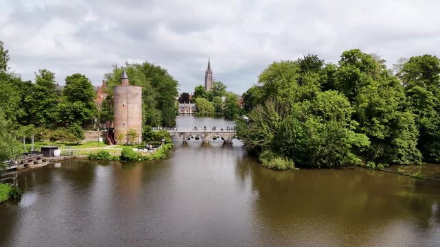 Minnewater Lake Bridge and Poertoren Powder Tower Aerial View, Bruges, Belgium