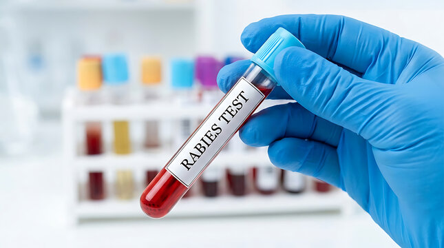 Scientist holding a blood sample test tube labeled rabies test in a medical laboratory with a rack of samples in the background