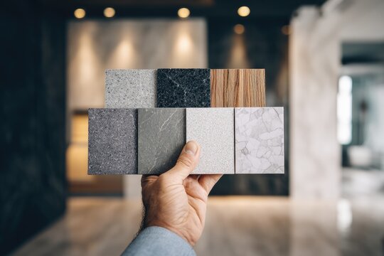 Hand holding sample tiles of various textures and colors in a showroom