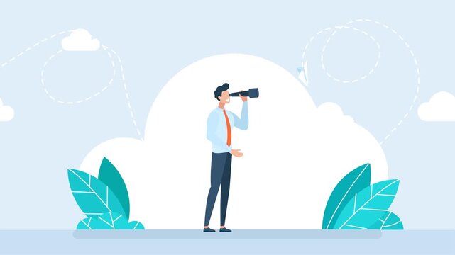 Businessman with a telescope. Searches new perspectives. Business man with telescope spyglass. Looking in the future. Business opportunity, investment, market prediction. Side view. 2d flat animation