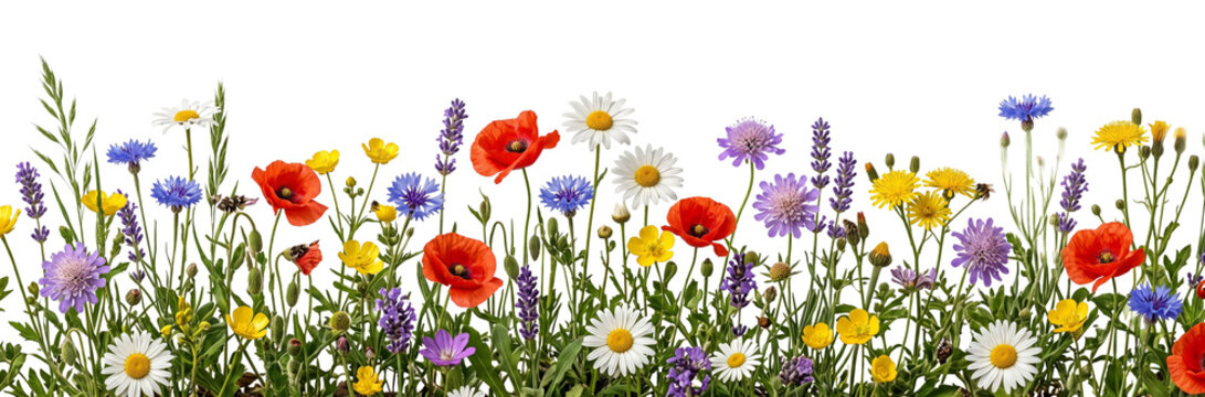 Wildflower meadow border with poppies and daisies on transparent background