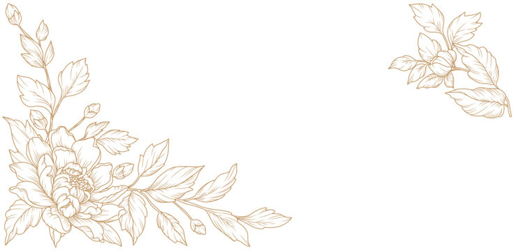 Luxury floral line art background with golden hand drawn flowers. Vector design with a bouquet of flowers, branches, leaves for card, business card, flyer, banner, wedding invitation, cover, wallpaper